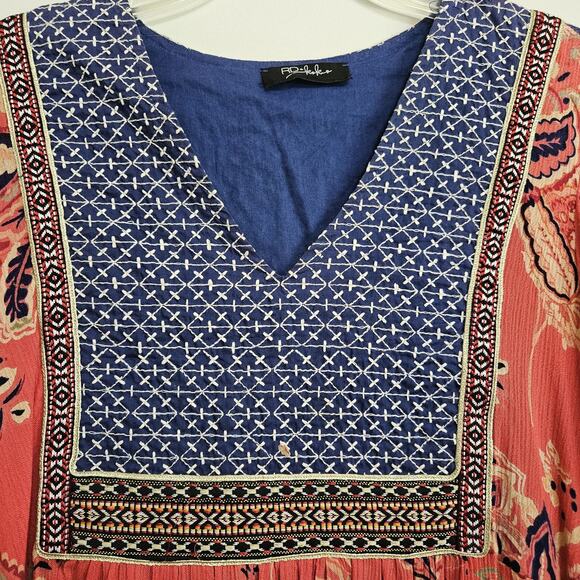Anthropologie RD & Koko Embroidered Top Puff Sleeve Boho Hippie Orange Blue Med - Picture 2 of 9